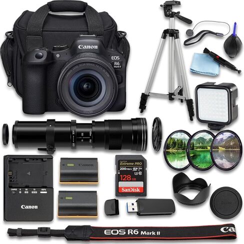 كاميرا Canon EOS R6 Mark II بدون مرآة مع + RF 24-105mm f/4-7.1 is STM + عدسة Super Telephoto مقاس 420-800 مم + SanDisk Extreme Pro 128 جيجابايت + بطارية إضافية + المزيد (حزمة مكونة من 22 قطعة) (متجددة) in Kuwait