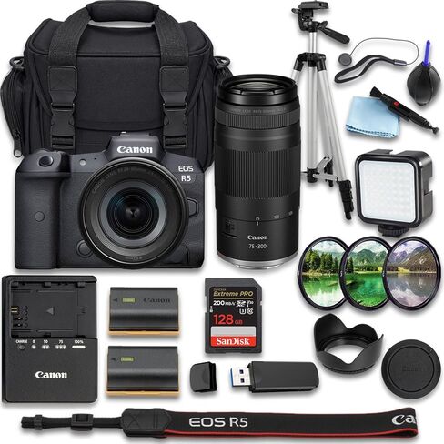 كاميرا Canon EOS R5 بدون مرآة مع + RF 24-105mm f/4-7.1 is STM + RF 75-300mm f/4-5.6 Lens + SanDisk Extreme Pro 128GB + بطارية احتياطية إضافية والمزيد (حزمة 25 قطعة) (متجددة) in Kuwait