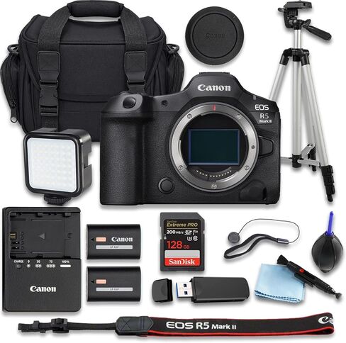 كاميرا Canon EOS R5 Mark II بدون مرآة مع + SanDisk Extreme Pro سعة 128 جيجابايت + بطارية بديلة إضافية + حقيبة حمل الكاميرا والمزيد (حزمة مكونة من 17 قطعة) (متجددة) in Kuwait