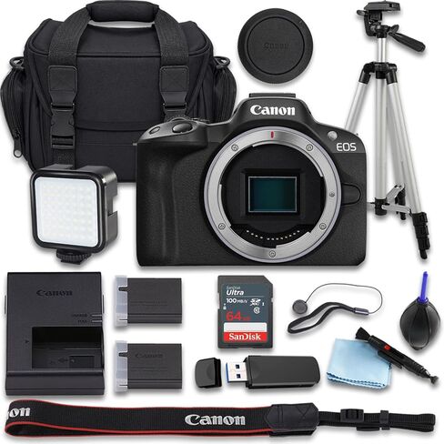 كاميرا Canon EOS R50 بدون مرآة مع ذاكرة SanDisk Ultra سعة 64 جيجابايت + بطارية بديلة إضافية + حقيبة حمل الكاميرا والمزيد (حزمة مكونة من 15 قطعة) (متجددة) in Kuwait