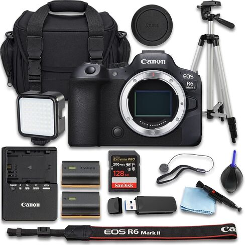 كاميرا Canon EOS R6 Mark II بدون مرآة مع + SanDisk Extreme Pro سعة 128 جيجابايت + بطارية بديلة إضافية + حقيبة حمل الكاميرا والمزيد (حزمة مكونة من 15 قطعة) (متجددة) in Kuwait