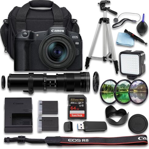 Canon EOS R8 Mirrorless Camera with RF 24-50mm f/4.5-6.3 is STM + 420-800mm f/8 Manual Super Telephoto Lens + SanDisk Extreme Pro 64GB + Extra Replacement Battery(20pc Bundle) (Renewed) in Kuwait