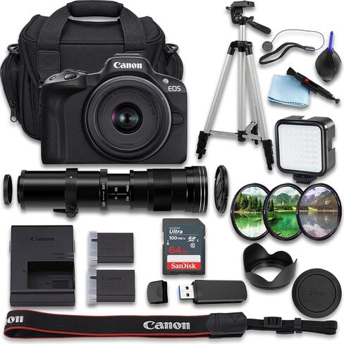 كاميرا Canon EOS R50 بدون مرآة + RF-S مقاس 18-45 مم f/4.5-6.3 STM + عدسة مقربة فائقة الدقة يدوية مقاس 420-800 مم f/8 + SanDisk Ultra سعة 64 جيجابايت + بطارية إضافية + حقيبة كاميرا (حزمة مكونة من 22 قطعة) (متجددة) in Kuwait