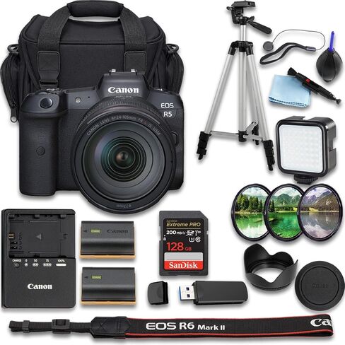 كاميرا Canon EOS R5 بدون مرآة مع + RF مقاس 24-105 مم f/4 L هي عدسة USM + SanDisk Extreme Pro سعة 128 جيجابايت + بطارية بديلة إضافية + حقيبة حمل الكاميرا والمزيد (حزمة مكونة من 24 قطعة) (متجددة) in Kuwait
