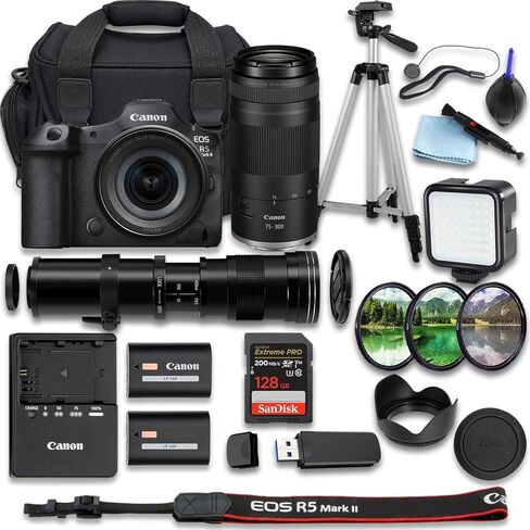 كاميرا Canon EOS R5 Mark II بدون مرآة مع RF 24-105mm f/4-7.1 is STM + RF 75-300mm f/4-5.6 + 420-800mm f/8 عدسة Telephoto + SanDisk Extreme Pro 128GB + بطارية إضافية (حزمة 27 قطعة) (متجددة) in Kuwait