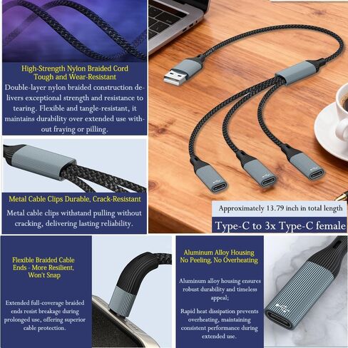 USB Splitter 1 in 3 Out 1FT,USB Y Cable,USB A Male to Four Female Extension Cord Adapter,3 Port Multi Multiport Extender Hub,Double Dual Data Power Charger Split in Kuwait