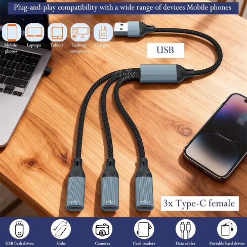 USB Splitter 1 in 3 Out 1FT,USB Y Cable,USB A Male to Four Female Extension Cord Adapter,3 Port Multi Multiport Extender Hub,Double Dual Data Power Charger Split in Kuwait