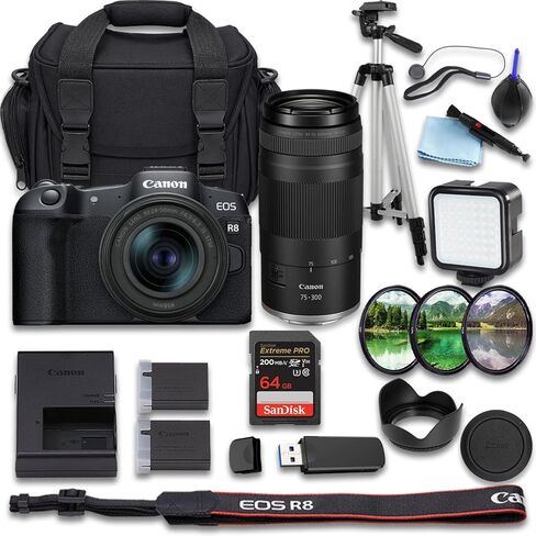 كاميرا Canon EOS R8 بدون مرآة مع RF 24-50mm f/4.5-6.3 هي STM + RF 75-300mm f/4-5.6 Lens + SanDisk Extreme Pro 64GB + بطارية بديلة إضافية + المزيد (حزمة 21 قطعة) (متجددة) in Kuwait