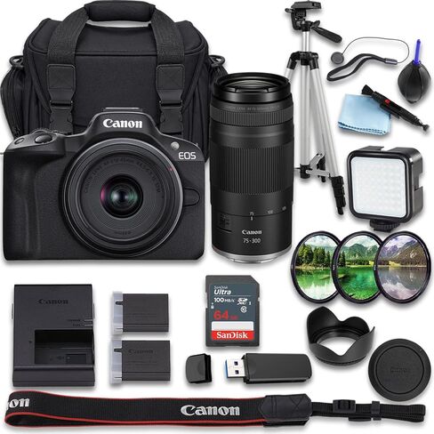 كاميرا Canon EOS R50 بدون مرآة مع عدسة RF-S مقاس 18-45 مم f/4.5-6.3 STM + عدسة RF مقاس 75-300 مم f/4-5.6 + SanDisk Ultra سعة 64 جيجابايت + بطارية إضافية + حقيبة حمل الكاميرا (حزمة مكونة من 23 قطعة) (متجددة) in Kuwait