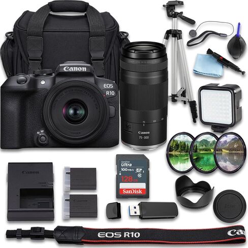 Canon EOS R10 Mirrorless Camera with RF-S 18-45mm f/4.5-6.3 is STM + RF 75-300mm f/4-5.6 Lens + SanDisk Ultra 64GB + Extra Battery + Camera Carrying Case(24pc Bundle) (Renewed) in Kuwait