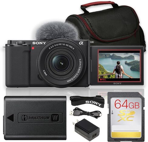 Sony ZV-E10 Mirrorless Camera with 16-50mm Lens Bundle (Black) | 24.2MP APS-C Sensor, Real-Time Eye AF, 4K Video & Flip Screen | For Vlogging & Content Creation (ILCZV-E10L/B) + 64GB Card + Camera Bag in Kuwait