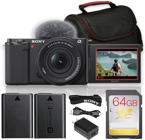 كاميرا Sony ZV-E10 بدون مرآة مع مجموعة عدسات مقاس 16-50 مم f/3.5-5.6 II (أسود) | مستشعر APS-C بدقة 24.2 ميجابكسل، والتركيز البؤري التلقائي للعين في الوقت الحقيقي، وفيديو بدقة 4K، وشاشة قابلة للطي | لمدونات الفيديو والمحتوى (ZVE10KB) + بطاقة سعة 64 جيجاباي in Kuwait