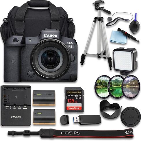 كاميرا Canon EOS R5 بدون مرآة مع + RF 24-105mm f/4-7.1 هي عدسة STM + SanDisk Extreme Pro 128 جيجابايت + بطارية بديلة إضافية + حقيبة حمل الكاميرا والمزيد (حزمة 22 قطعة) (متجددة) in Kuwait