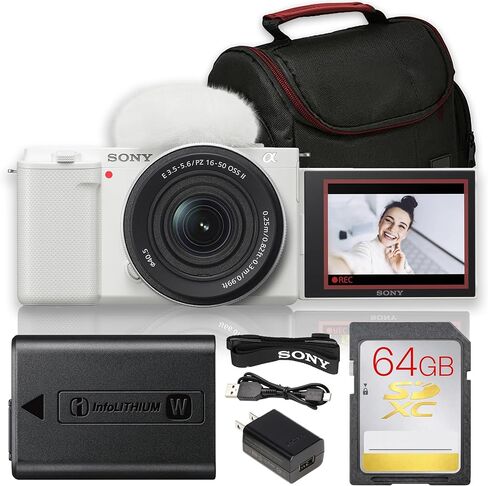 كاميرا Sony ZV-E10 بدون مرآة مع مجموعة عدسات مقاس 16-50 مم f/3.5-5.6 II (أبيض) | مستشعر APS-C بدقة 24.2 ميجابكسل، والتركيز البؤري التلقائي للعين في الوقت الحقيقي، وفيديو بدقة 4K، وشاشة قابلة للطي | لمدونات الفيديو والمحتوى (ZVE10KW) + بطاقة سعة 64 جيجاباي in Kuwait
