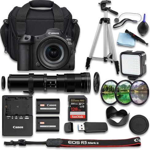كاميرا Canon EOS R5 Mark II بدون مرآة مع + RF 24-105mm f/4-7.1 is STM + عدسة Telephoto مقاس 420-800 مم f/8 + SanDisk Extreme Pro 128GB + بطارية إضافية + المزيد (حزمة مكونة من 24 قطعة) (متجددة) in Kuwait
