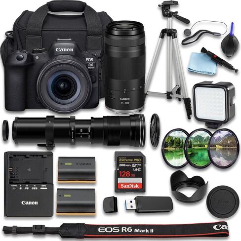 كاميرا Canon EOS R6 Mark II بدون مرآة مع RF 24-105mm f/4-7.1 is STM + RF 75-300mm f/4-5.6 + 420-800mm f/8 عدسة Telephoto + SanDisk Extreme Pro 128 جيجابايت + بطارية إضافية (حزمة 25 قطعة) (متجددة) in Kuwait