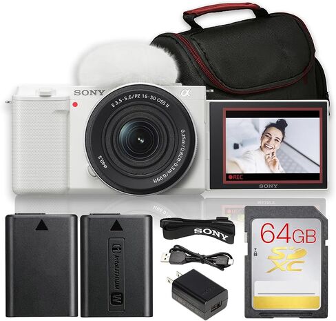 كاميرا Sony ZV-E10 بدون مرآة مع مجموعة عدسات مقاس 16-50 مم f/3.5-5.6 II (أبيض) | مستشعر APS-C بدقة 24.2 ميجابكسل، والتركيز البؤري التلقائي للعين في الوقت الحقيقي، وفيديو بدقة 4K، وشاشة قابلة للطي | لمدونات الفيديو والمحتوى (ZVE10KW) + بطاقة سعة 64 جيجاباي in Kuwait