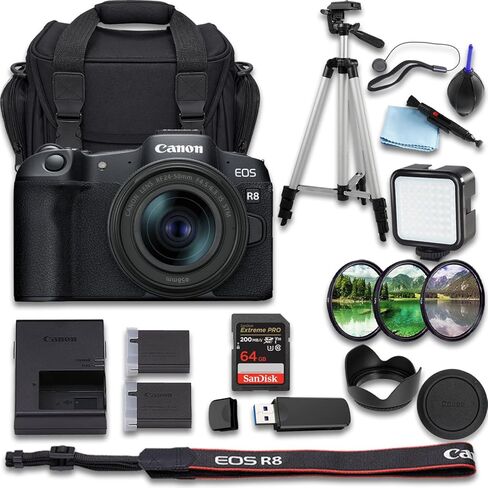 كاميرا Canon EOS R8 بدون مرآة مع RF 24-50mm f/4.5-6.3 هي عدسة STM + SanDisk Extreme Pro 64 جيجابايت + بطارية بديلة إضافية + حقيبة حمل الكاميرا والمزيد (حزمة 21 قطعة) (متجددة) in Kuwait