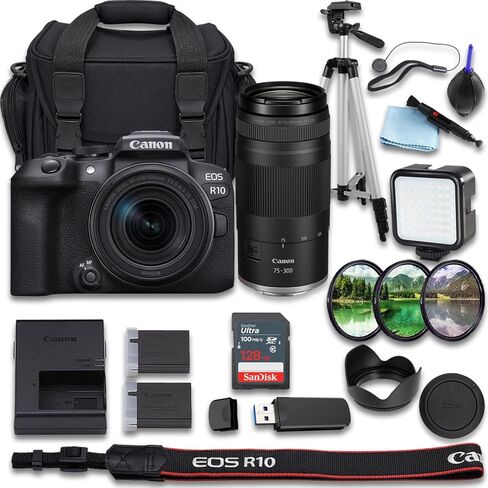 كاميرا Canon EOS R10 بدون مرآة مع عدسة RF-S مقاس 18-150 مم f/3.5-6.3 STM + عدسة RF مقاس 75-300 مم f/4-5.6 + SanDisk Ultra سعة 64 جيجابايت + بطارية إضافية + حقيبة حمل الكاميرا (حزمة مكونة من 24 قطعة) (متجددة) in Kuwait