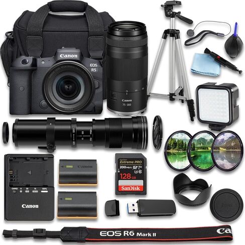 Canon EOS R5 Mirrorless Camera with + RF 24-105mm f/4-7.1 is STM + RF 75-300mm f/4-5.6 + 420-800mm f/8 Telephoto Lens + SanDisk Extreme Pro 128GB + Extra Battery(27pc Bundle) (Renewed) in Kuwait