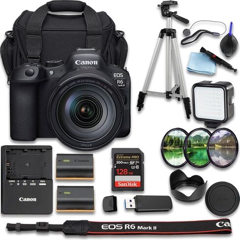 كاميرا Canon EOS R6 Mark II بدون مرآة مع + RF 24-105mm f/4 L هي عدسة USM + SanDisk Extreme Pro 128 جيجابايت + بطارية بديلة إضافية + حقيبة كاميرا + المزيد (حزمة مكونة من 19 قطعة) (متجددة) in Kuwait