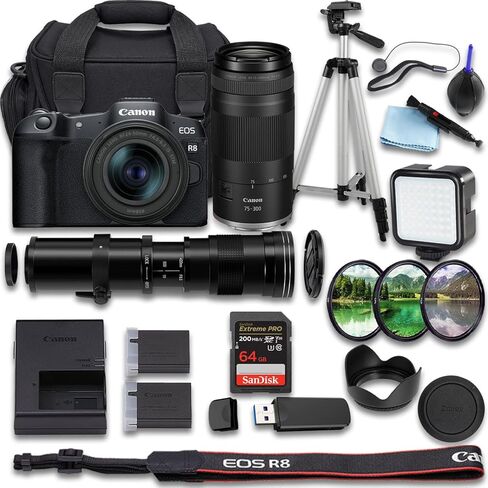 كاميرا Canon EOS R8 بدون مرآة مع RF 24-50mm f/4.5-6.3 is STM + RF 75-300mm f/4-5.6 + 420-800mm Super HD Telephoto Lens + SanDisk Extreme Pro 64GB + المزيد (حزمة 23 قطعة) (متجددة) in Kuwait