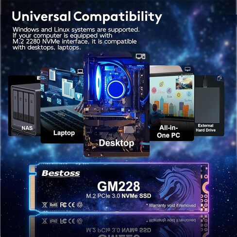 Bestoss 1TB NVMe M.2 SSD PCIe 3.0 2280 Internal SSD Up to 2400MB/s, 3D NAND Dynamic SLC Cache, for Students, Home Entertainment, Office Work, Compatible with PC Desktops or Laptops in Kuwait