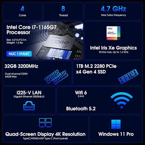 Intel NUC 11 NUC11PAHi7 Panther Canyon Mini PC, i7-1165G7, 32GB RAM, 1TB SSD, Mini Computers Windows 11 Pro for Business Home Office, Support 8K/WiFi 6/4K Quad Display/Bluetooth 5/Thunderbolt 3 in Kuwait