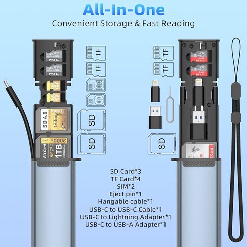 قارئ بطاقات متعدد الوظائف 13 في 1، موزع USB-C مع فتحات بطاقات SD/TF، ​​وحدة تخزين SIM، محول Lightning، سبائك الألومنيوم in Kuwait