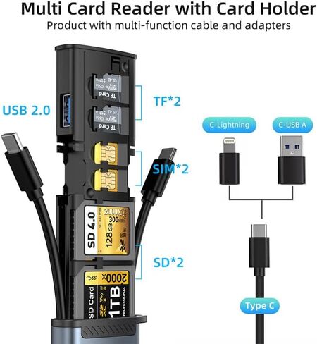 قارئ بطاقات متعدد الوظائف 13 في 1، موزع USB-C مع فتحات بطاقات SD/TF، ​​وحدة تخزين SIM، محول Lightning، سبائك الألومنيوم in Kuwait
