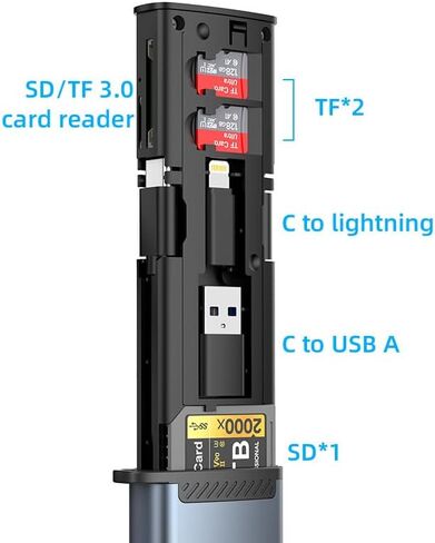 قارئ بطاقات متعدد الوظائف 13 في 1، موزع USB-C مع فتحات بطاقات SD/TF، ​​وحدة تخزين SIM، محول Lightning، سبائك الألومنيوم in Kuwait