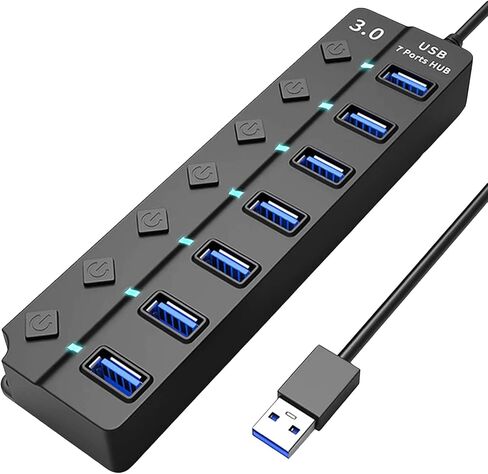 موزع USB 3.0 مع 7 منافذ USB 3.0، موسع USB عالي السرعة 5 جيجابت في الثانية مع مفتاح فردي ومؤشر ضوء LED، موزع USB للكمبيوتر المحمول، الكمبيوتر الشخصي، MacBook، Mac Pro، Mac mini، iMac، Surface Pro والمزيد - 1FT in Kuwait