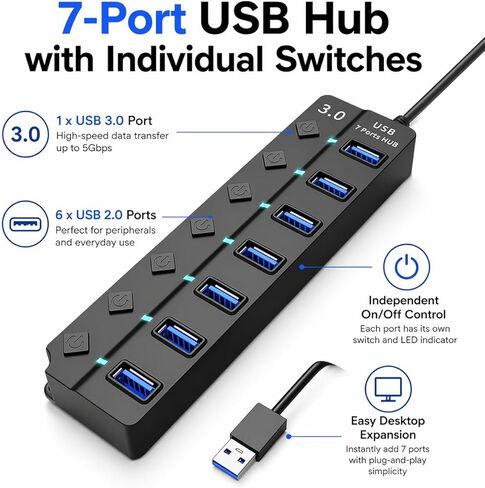 موزع USB 3.0 مع 7 منافذ USB 3.0، موسع USB عالي السرعة 5 جيجابت في الثانية مع مفتاح فردي ومؤشر ضوء LED، موزع USB للكمبيوتر المحمول، الكمبيوتر الشخصي، MacBook، Mac Pro، Mac mini، iMac، Surface Pro والمزيد - 1FT in Kuwait