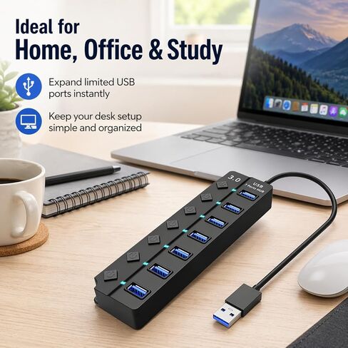 موزع USB 3.0 مع 7 منافذ USB 3.0، موسع USB عالي السرعة 5 جيجابت في الثانية مع مفتاح فردي ومؤشر ضوء LED، موزع USB للكمبيوتر المحمول، الكمبيوتر الشخصي، MacBook، Mac Pro، Mac mini، iMac، Surface Pro والمزيد - 1FT in Kuwait