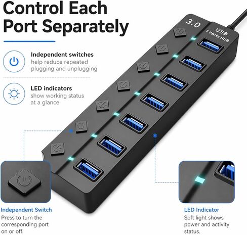 موزع USB 3.0 مع 7 منافذ USB 3.0، موسع USB عالي السرعة 5 جيجابت في الثانية مع مفتاح فردي ومؤشر ضوء LED، موزع USB للكمبيوتر المحمول، الكمبيوتر الشخصي، MacBook، Mac Pro، Mac mini، iMac، Surface Pro والمزيد - 1FT in Kuwait
