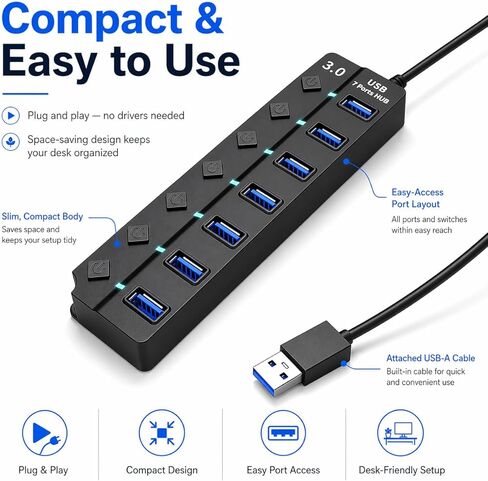 موزع USB 3.0 مع 7 منافذ USB 3.0، موسع USB عالي السرعة 5 جيجابت في الثانية مع مفتاح فردي ومؤشر ضوء LED، موزع USB للكمبيوتر المحمول، الكمبيوتر الشخصي، MacBook، Mac Pro، Mac mini، iMac، Surface Pro والمزيد - 1FT in Kuwait