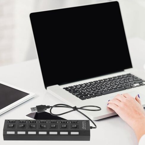 TEHAUX 7-Port USB 2.0 Hub with Independent Power and Led Indicators Multi USB Connector for Laptop Pc Portable Port Splitter for Data Transfer and Charging in Kuwait