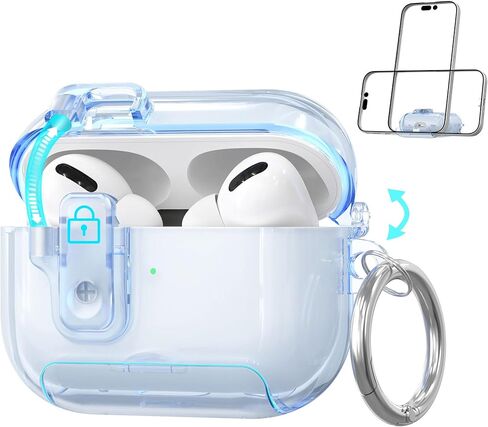 غطاء حماية شفاف متعدد الوظائف مزود بقفل مغناطيسي لأجهزة AirPods 4، جراب شفاف ذو مظهر أصلي مع حامل هاتف مخفي، غطاء وسادة أذن متصل بالأعلى وواقي TPU من السيليكون الناعم للغاية - أزرق in Kuwait