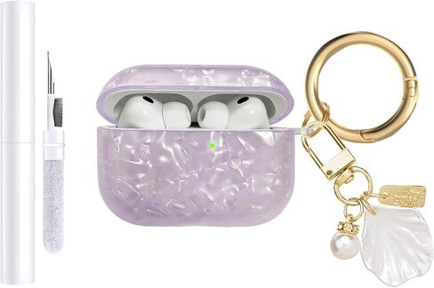 متوافق مع حافظة AirPods Pro 3 2025، حافظة TPU ناعمة مع نمط صدفة لحافظة AirPods Pro الجيل الثالث مع سلسلة مفاتيح لؤلؤية ومجموعة تنظيف للفتيات والنساء (صدفة السلحفاة) in Kuwait