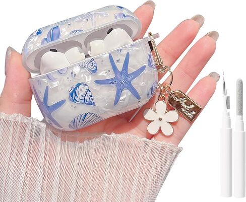 حافظة شفافة من MINSCOSE لأجهزة AirPods 4، تصميم بنمط صدف لامع لطيف ونجم البحر مع سلسلة مفاتيح فولرال، غطاء حماية ناعم من مادة TPU للفتيات والنساء لأجهزة AirPods 4-أزرق in Kuwait