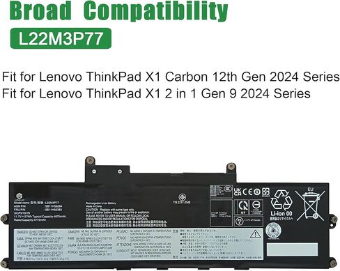 L22M3P77 Laptop Battery Replacement for Lenovo ThinkPad X1 Carbon 12th Gen 2024 Series SB11H56284 5B11H56383 L22B3P73 SB11H56287 5B11H56386 L22C3P76 SB11H56285 5B11H56384 L22D3P77 11.7V 57Wh in Kuwait