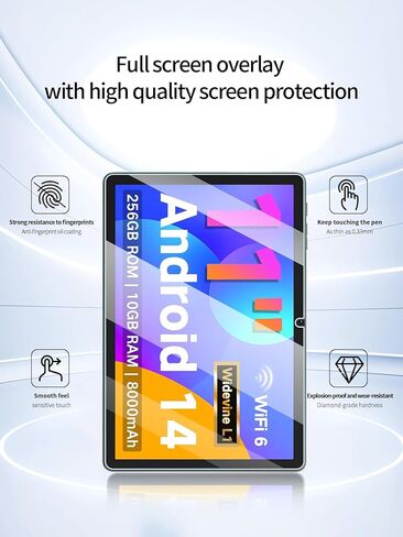 واقي شاشة لجهاز عام Q16W Android 14 Tablet 11 بوصة، مضاد للخدش 9H صلابة اللمس الحساسة 2.5D حواف مستديرة خالية من الفقاعات سهلة التركيب، عبوتان. in Kuwait