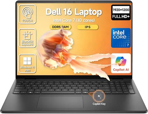 كمبيوتر محمول بشاشة لمس 16 بوصة من Dell، شاشة FHD+ تعمل باللمس مقاس 16 بوصة، كمبيوتر محمول للطلاب والأعمال، Intel Core 7 (10-Core، Beat i7-1355U)، 32 جيجابايت DDR5 2 تيرابايت SSD، Windows 11 Pro، لوحة مفاتيح بإضاءة خلفية 10 مفاتيح، مفتاح مساعد in Kuwait