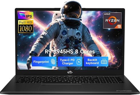 NIMO 17.3 Gaming-Laptop Ryzen 9 8945HS (Beat i9-13900H، حتى 5.2 جيجا هرتز) ذاكرة الوصول العشوائي 16 جيجا بايت، 512 جيجا بايت SSD، Radeon 780M، PD 100W Type-C AI-Enhanced for Copilot VR Ready، لوحة مفاتيح بإضاءة خلفية، بصمة الإصبع in Kuwait