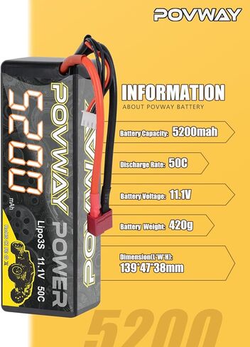 بطارية ليبو POVWAY 3S، بطارية ليبو 5200 مللي أمبير في الساعة 11.1 فولت 50C RC مع بطارية ليبو صلبة من Deans T Plug لسيارات RC، شاحنة RC، المروحية، الطائرة (عبوتان) in Kuwait