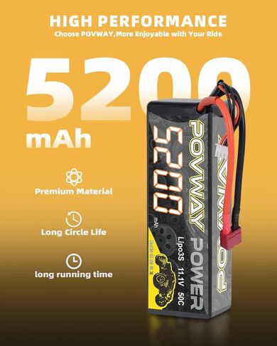بطارية ليبو POVWAY 3S، بطارية ليبو 5200 مللي أمبير في الساعة 11.1 فولت 50C RC مع بطارية ليبو صلبة من Deans T Plug لسيارات RC، شاحنة RC، المروحية، الطائرة (عبوتان) in Kuwait