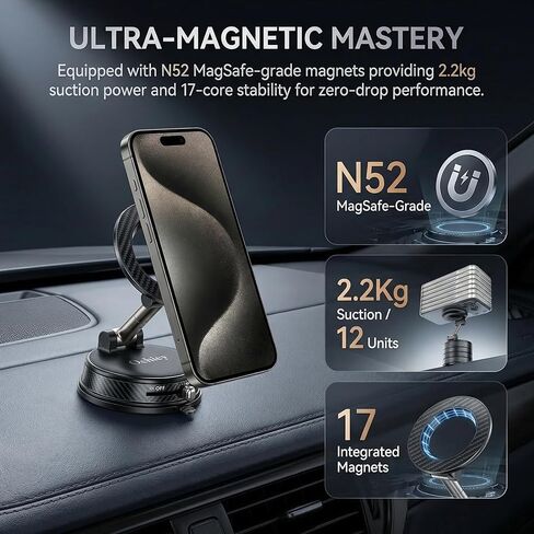 Anti-Vibration Magnetic Car Phone Holder, N52 Ultra Strong Suction Cup Dashboard Windshield Car Mount, 1080° Rotation Vacuum Magnetic Phone Mount, Universal Fit for iPhone Samsung Android in Kuwait