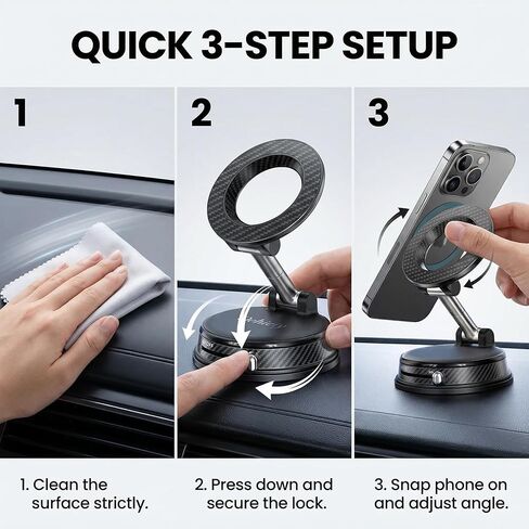 Anti-Vibration Magnetic Car Phone Holder, N52 Ultra Strong Suction Cup Dashboard Windshield Car Mount, 1080° Rotation Vacuum Magnetic Phone Mount, Universal Fit for iPhone Samsung Android in Kuwait