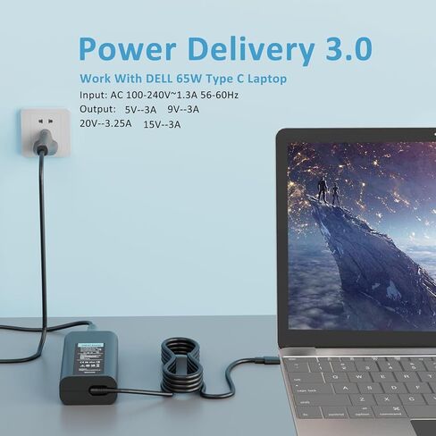 65W USB‑C Laptop Charger Compatible with Dell Latitude 5450 5420 5350 7450 7430 7420, XPS 13, Inspiron 14 16, Chromebook 3100, Replacement for Dell Laptop 65 Watt USB‑C AC Aadpter Power Supply in Kuwait