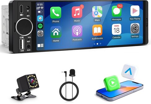 راديو Single Din للسيارة - يدعم Apple Carplay وAndroid Auto، راديو بشاشة تعمل باللمس مقاس 6.28 بوصة مع بلوتوث، كاميرا احتياطية، ميكروفون محسن، USB، SWC، RCA، EQ، FM (أسود) in Kuwait